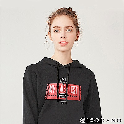 GIORDANO 女裝派對豬系列印花刷毛帽TEE-41 標誌黑