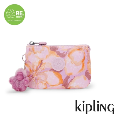 Kipling 粉橘花卉印花三夾層配件包-CREATIVITY S