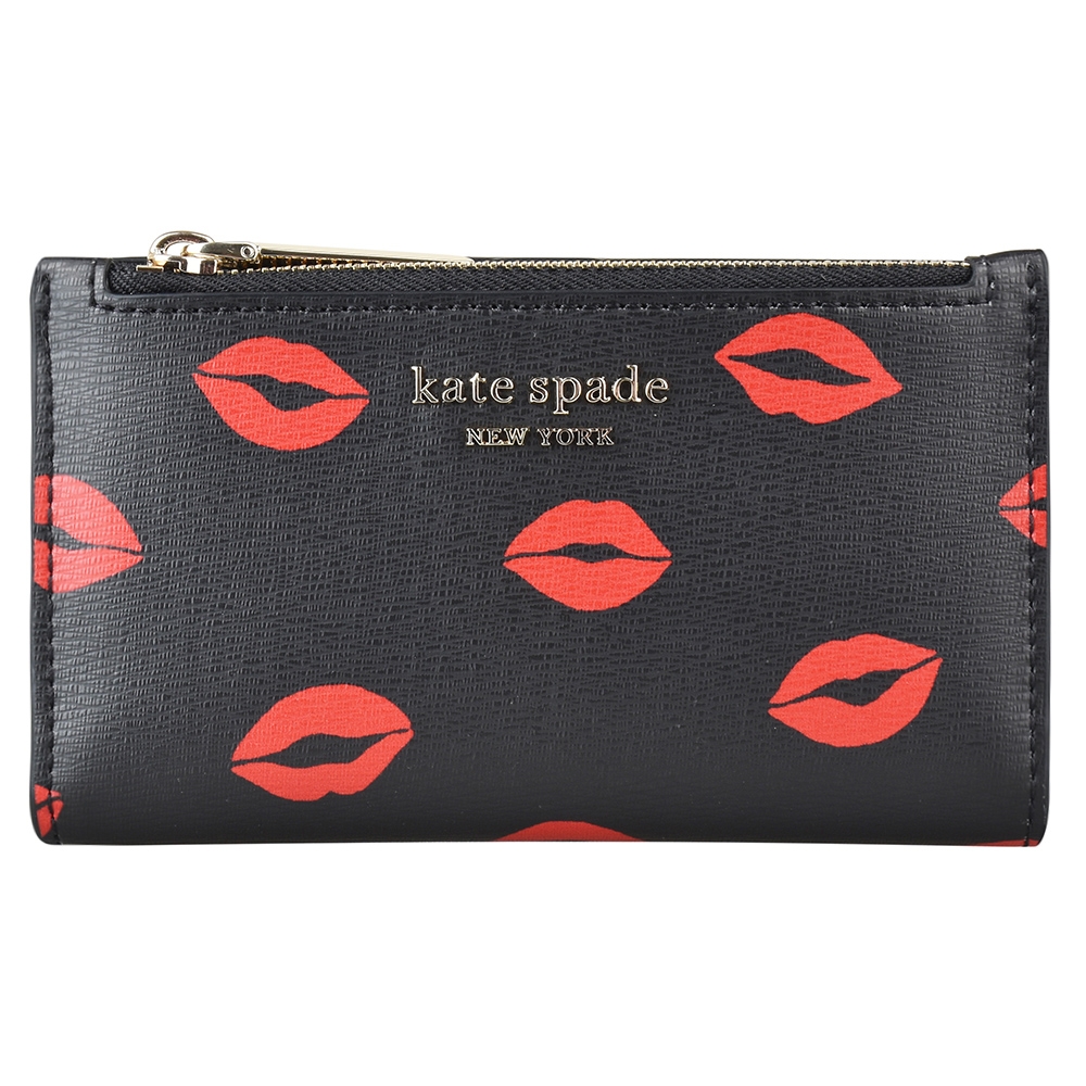 Kate Spade SPENCER金字LOGO炙熱紅唇花紋設計PVC 6卡拉鍊釦式零錢包(黑)