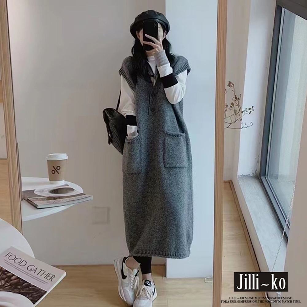 JILLI-KO V領外搭疊穿寬鬆針織毛線馬甲連衣裙長洋裝連身洋裝- 灰色