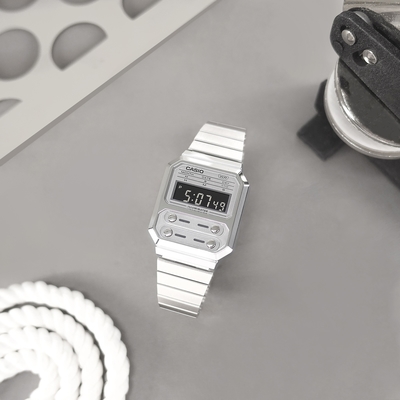 CASIO / A100WE-7B / 卡西歐 復古方型 計時碼錶 電子數位 不鏽鋼手錶-灰銀色/33mm