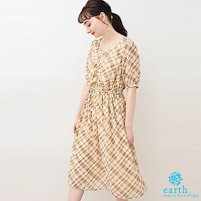 earth music 特色領格紋圖案收腰連身洋裝