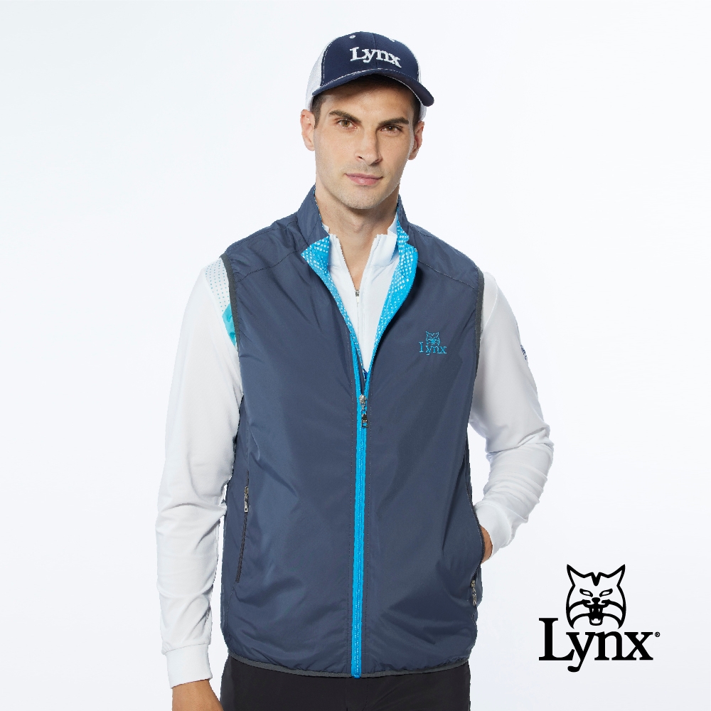 【Lynx Golf】男款薄鋪棉防風保暖精美繡花雙面穿漸層點點花紋無袖背心-藍/灰色