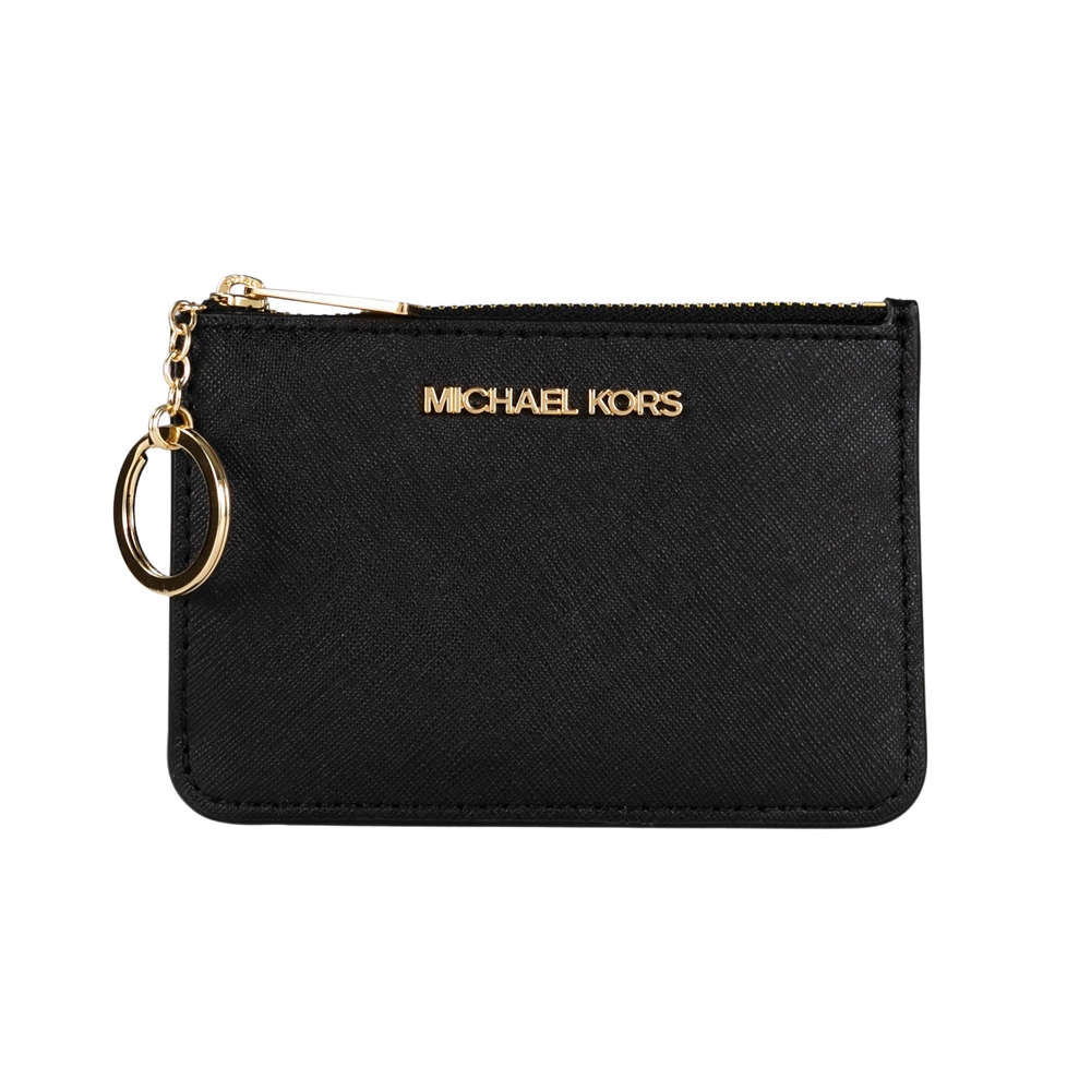 Michael Kors 防刮皮革金字卡片鑰匙證件夾零錢包(黑色)