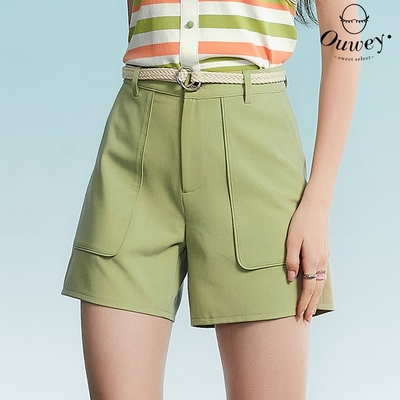OUWEY歐薇 夏日約會剪接大口袋顯瘦A字短褲(淺綠色；S-L)3232086012