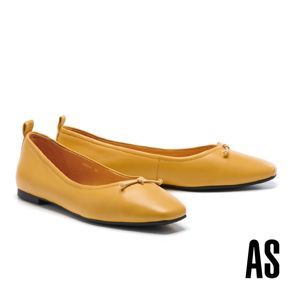平底鞋 AS 舒適質感鬆緊股帶全真皮方頭平底鞋－黃