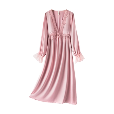 colorland-長袖性感睡衣 冰絲睡衣 蕾絲睡衣 大碼 連身睡衣 帶胸墊款連身裙