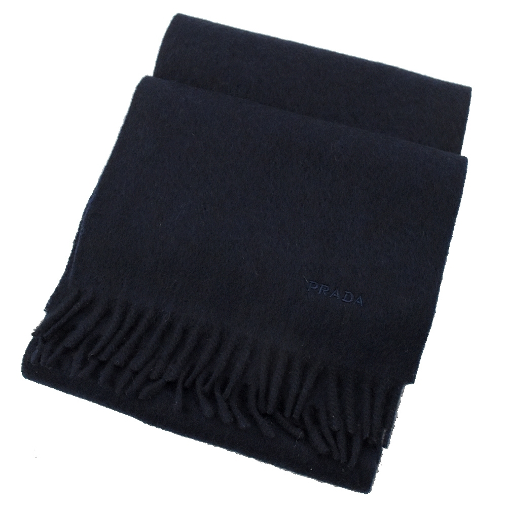 PRADA 電繡LOGO長型羊毛圍巾(深藍)