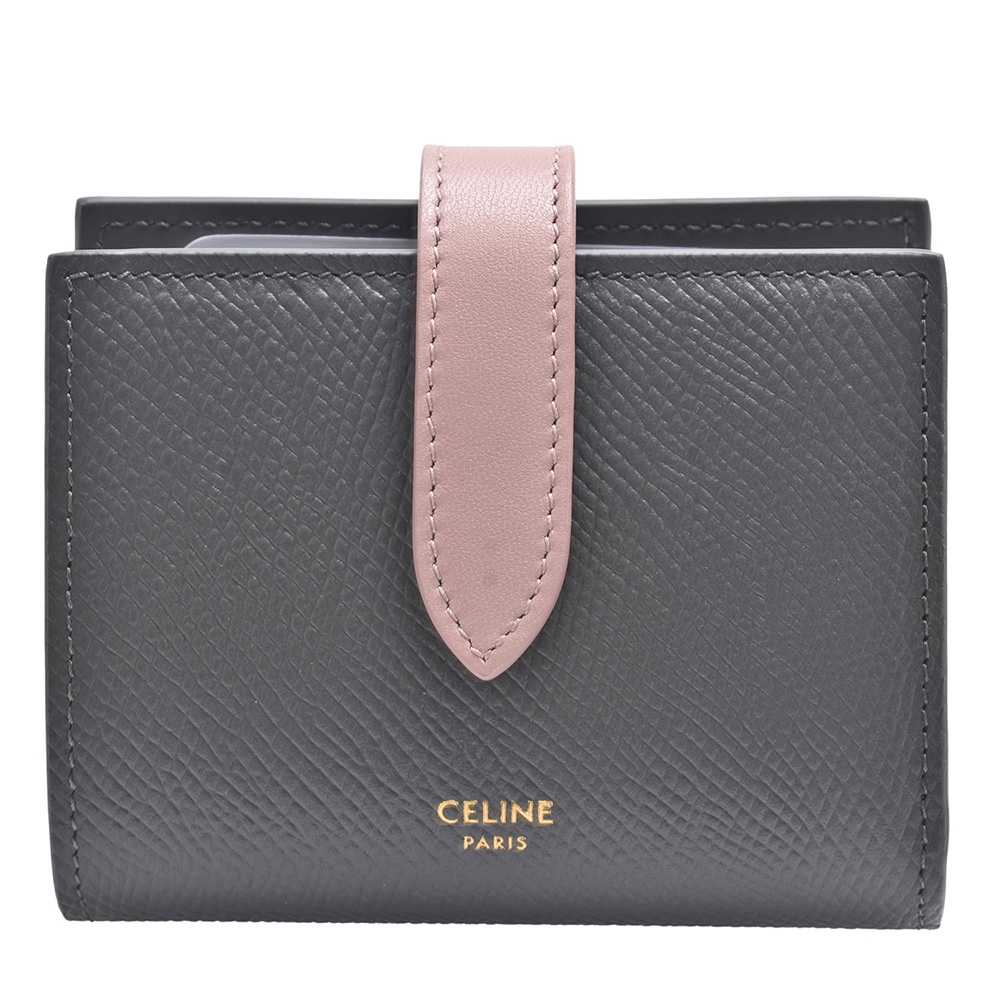 CELINE 經典ESSENTIALS系列撞色小牛皮三折短夾(灰/粉紅色)