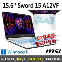 msi微星 Sword 15 A12VF-1619TW 15.6吋 電競筆電 (i7-12650H/16G/1T SSD+512G SSD/RTX4060-8G/Win11-16G雙碟特仕版)