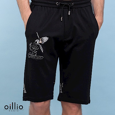oillio歐洲貴族 休閒蜂鳥刺繡彈力短褲 質感超柔棉料 黑色
