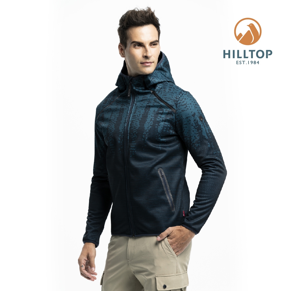 Hilltop 山頂鳥 男款SOFTSHELL防風透氣保暖印花外套H22MX9藍綠印花