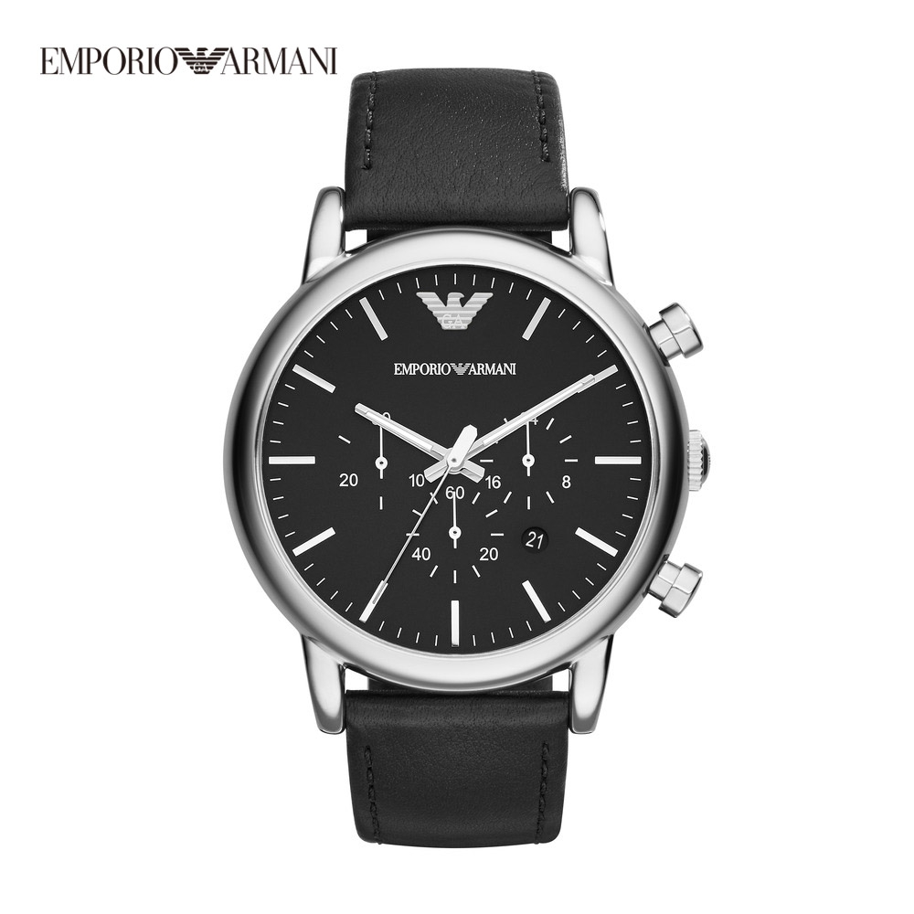 Emporio Armani Luigi 都會經典三眼多功能男錶 沈穩黑皮革車縫錶帶 46mm AR1828