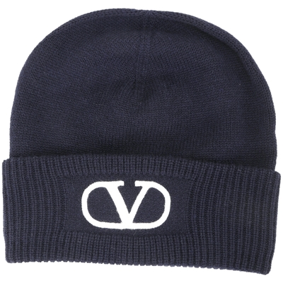 VALENTINO VLogo 字母標誌拼羅紋針織反摺羊毛帽(黑夜藍)