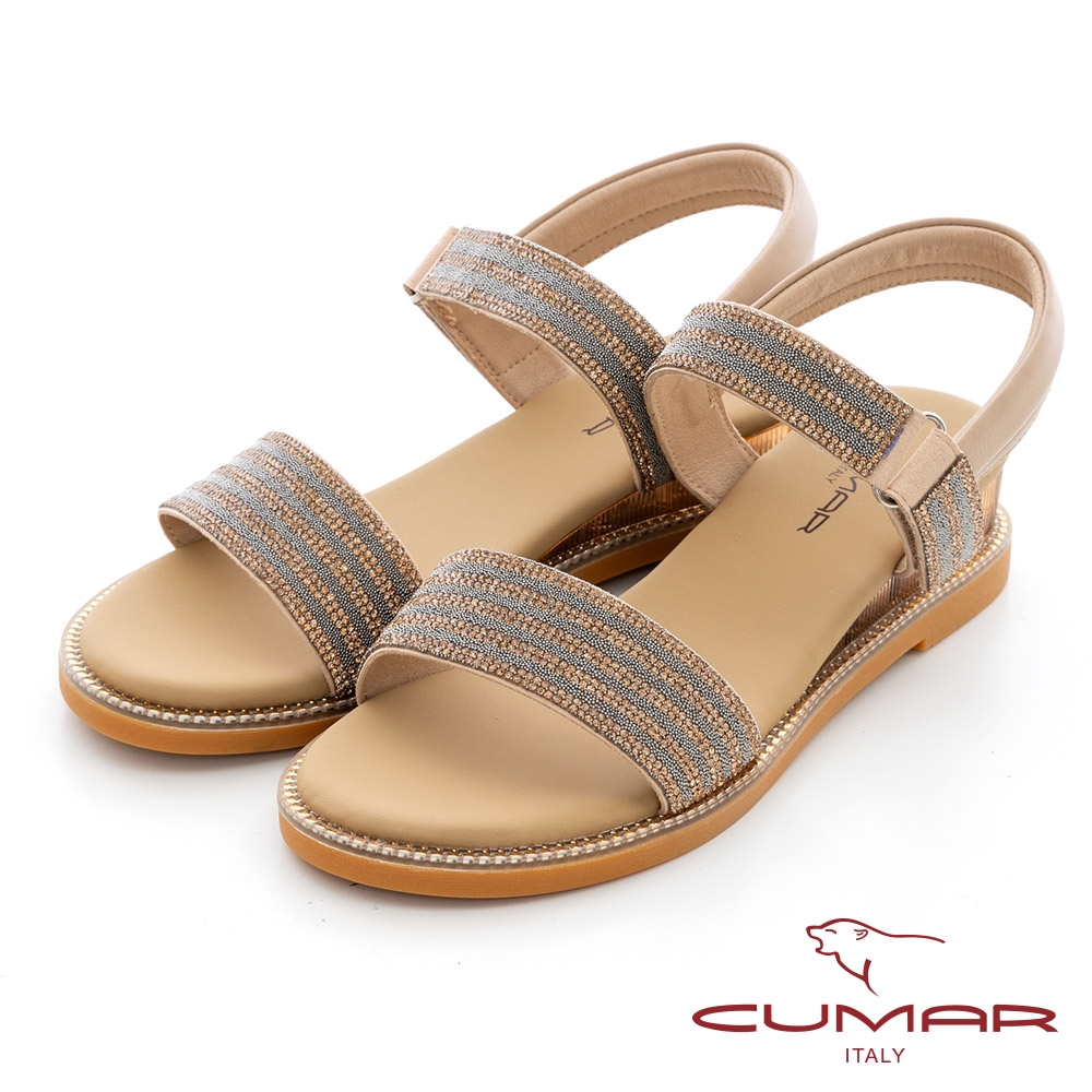 【CUMAR】特殊材質閃耀一片式楔型涼鞋-杏色