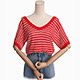 大V領鏤空條紋短袖針織衫 (紅色)-Kugi Girl product thumbnail 1