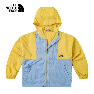 【The North Face 官方旗艦】北面兒童黃藍拼接防風防曬彈力袖口休閒連帽外套｜8998XOS