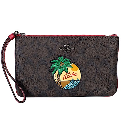 COACH深咖啡C Logo椰樹真皮貼飾中款手拿包