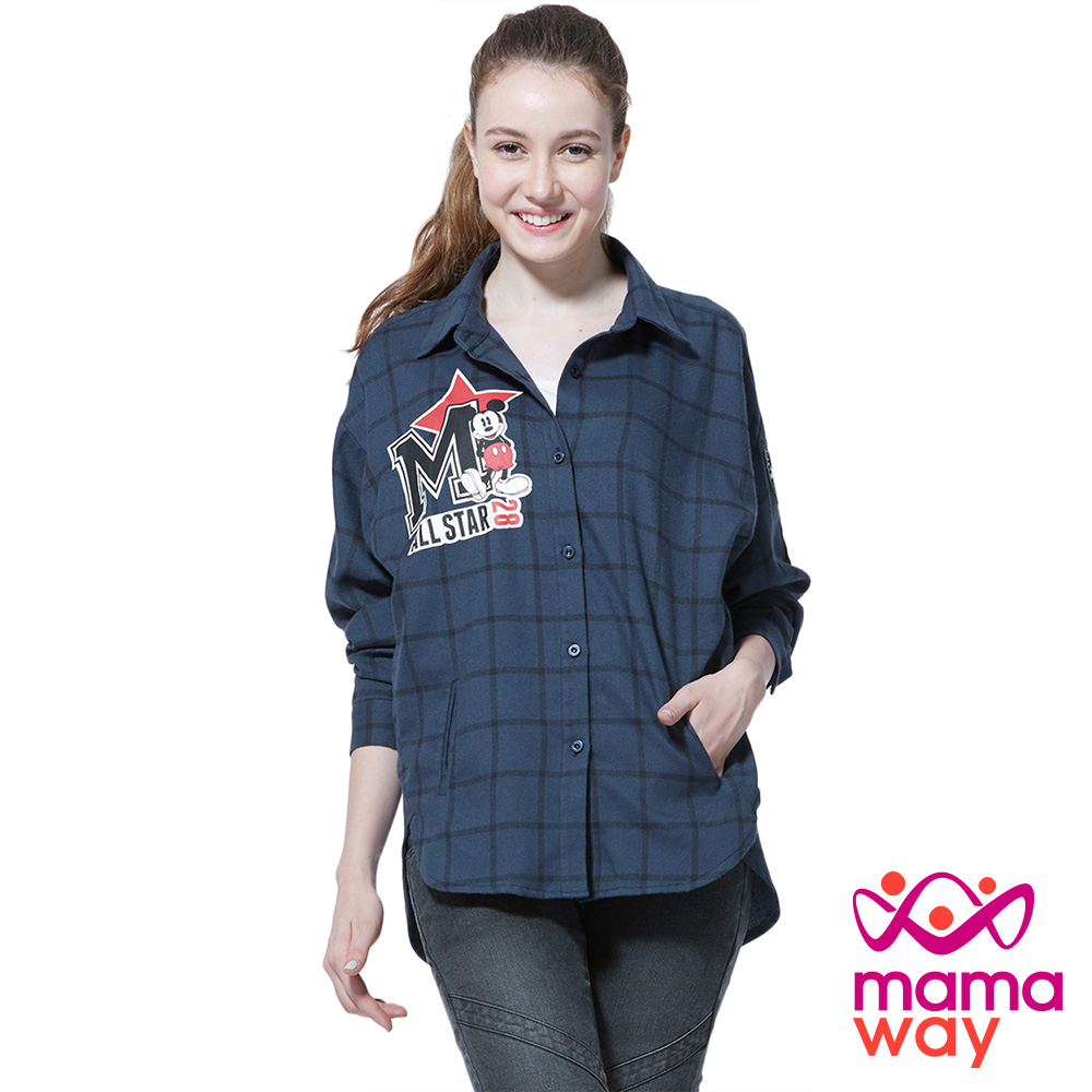 孕婦裝 哺乳衣 迪士尼米奇貼布繡孕哺格紋平織衫(共二色) Mamaway product image 1