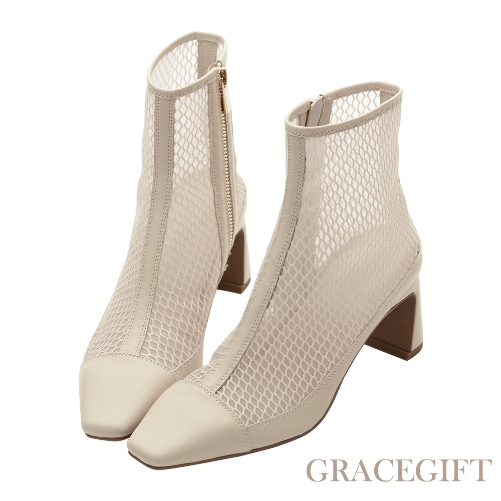 【Grace Gift】小貓聯名-個性少女 真皮拼接方頭網紗高跟短靴 米白