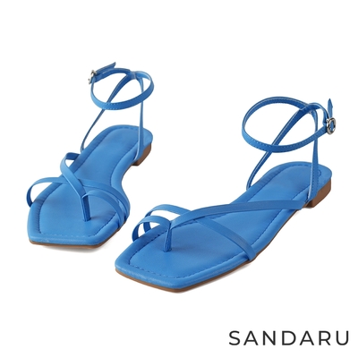 山打努SANDARU-涼鞋 細帶層次交叉套指平底涼鞋-藍