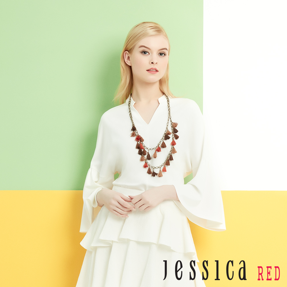 JESSICA RED-氣質素面傘擺設計上衣(白)