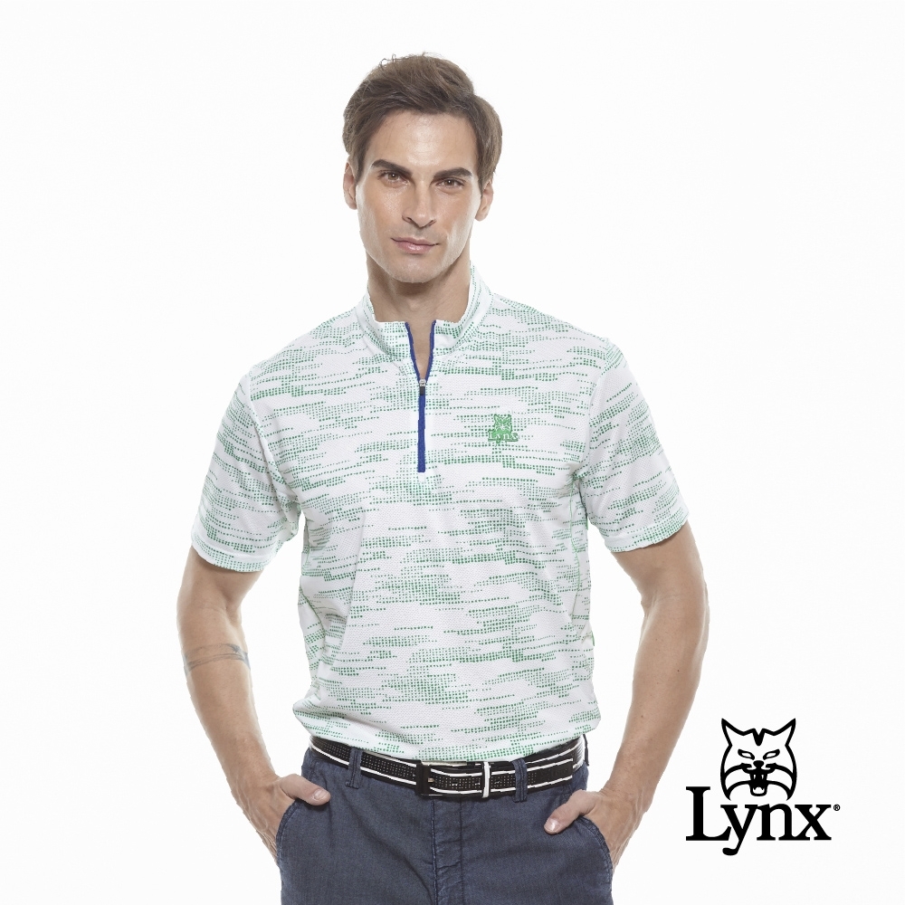 【Lynx Golf】男款冰涼舒適Mesh點點印花短袖POLO衫-白色