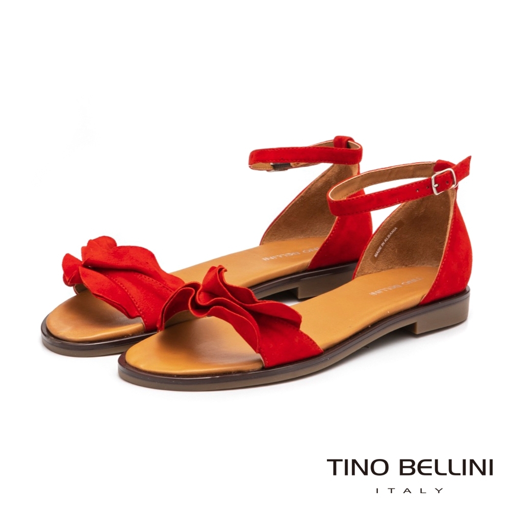 Tino Bellini啞光絨面荷葉邊平底涼鞋_紅