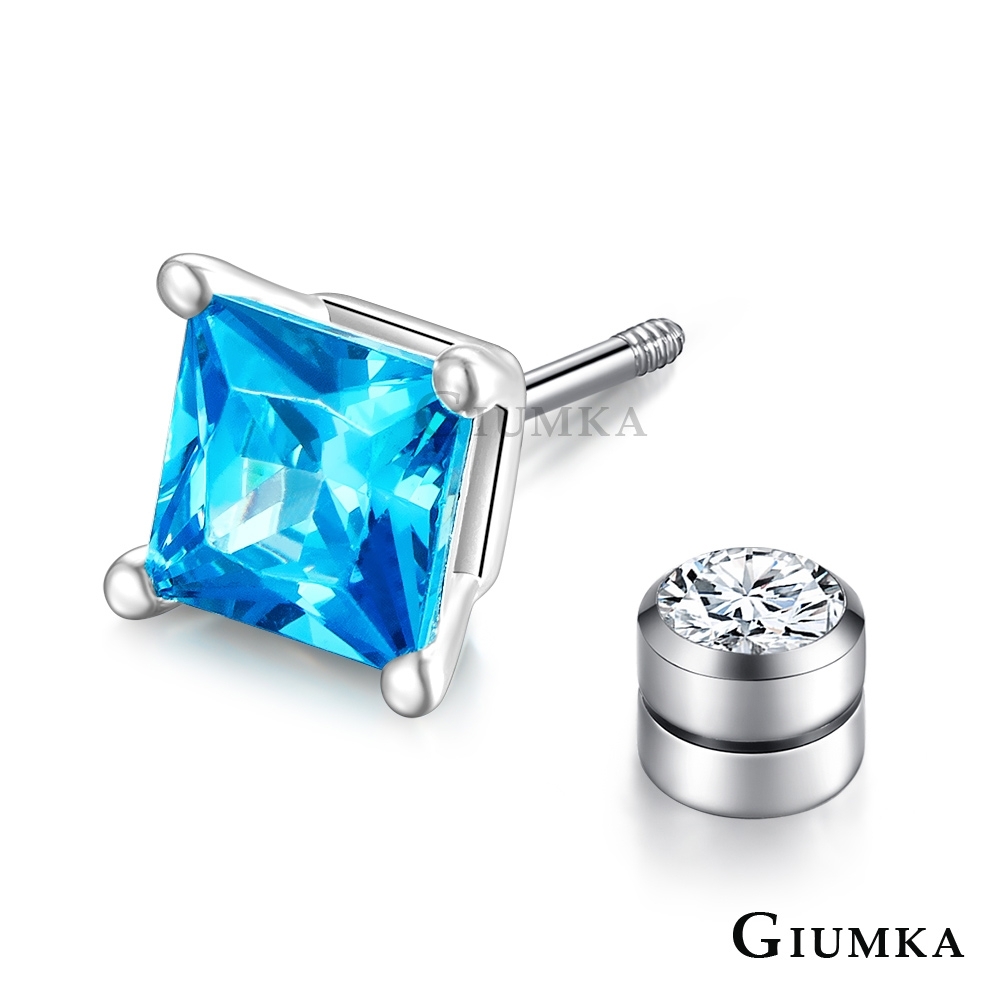 GIUMKA男耳環925純銀方鑽爪鑲耳釘後鎖式 藍鋯6MM單支 MFS08129