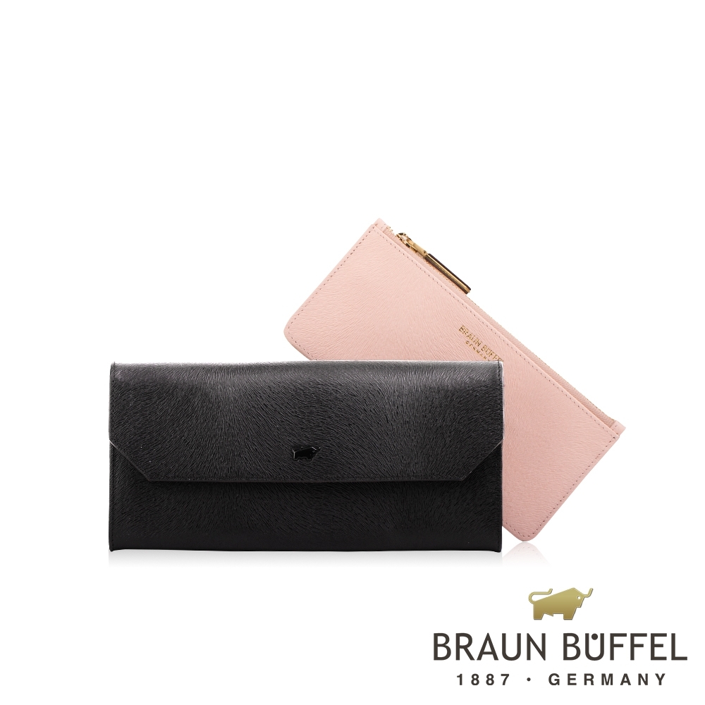 【BRAUN BUFFEL 德國小金牛】台灣總代理 奧菲莉亞R 18卡兩折長夾-黑色/BF643-R621-MT