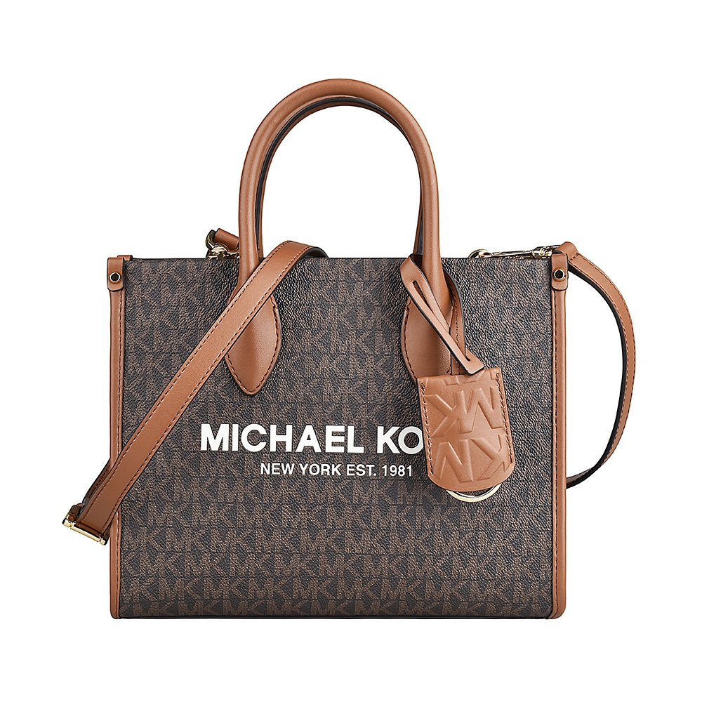 MK MICHAEL KORS MIRELLA字母LOGO印花PVC滾邊牛皮拉鍊手提斜背托特兩用包(小/深褐x橡子棕)