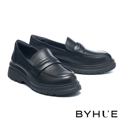 厚底鞋 BYHUE 質感個性純色牛皮軟芯樂福厚底鞋－黑