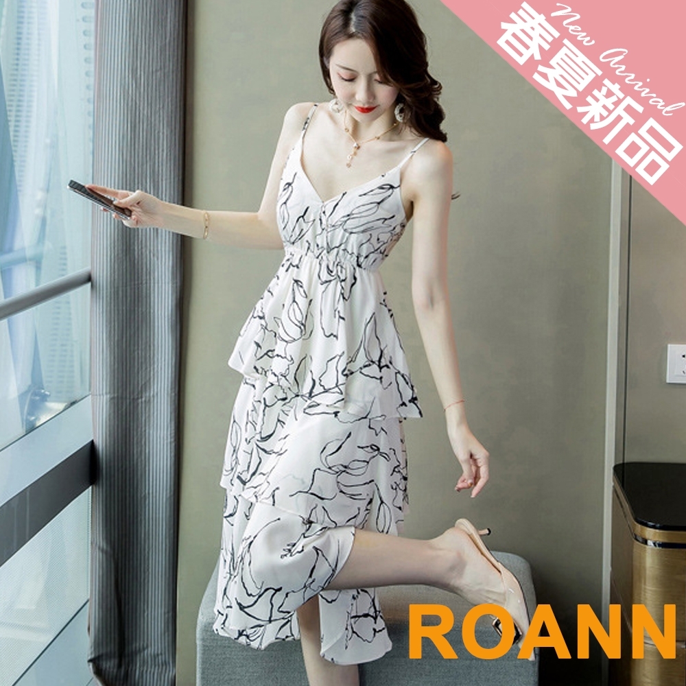 V領不規則水墨印花細肩帶洋裝 (白色)-ROANN