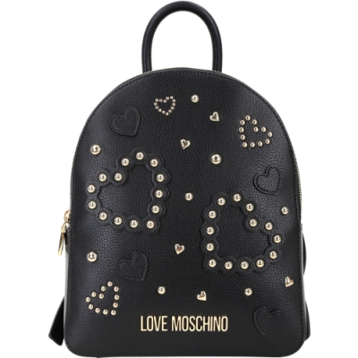 LOVE MOSCHINO 黃銅字母標誌心型鉚釘皮革後背包(黑色)