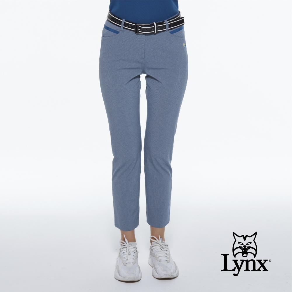 【Lynx Golf】女款素面經典款Lynx繡花迴紋帶設計窄管休閒九分褲-藍綠色