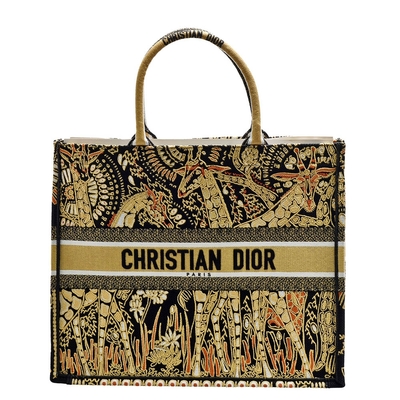 Dior 經典BOOK TOTE系列非洲動物圖騰刺繡帆布手提托特包(大_黑黃色-展示品)