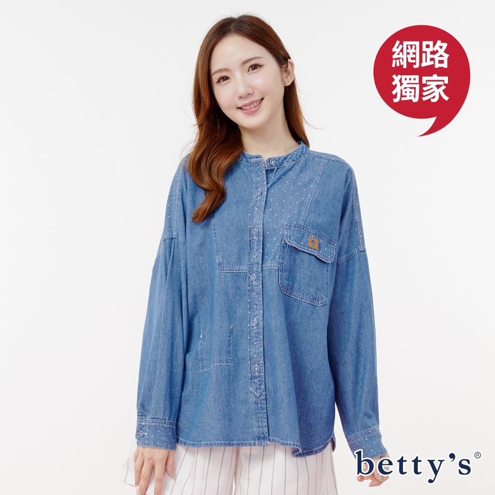 betty’s網路款　點點拼接牛仔寬版圓領襯衫(藍色)