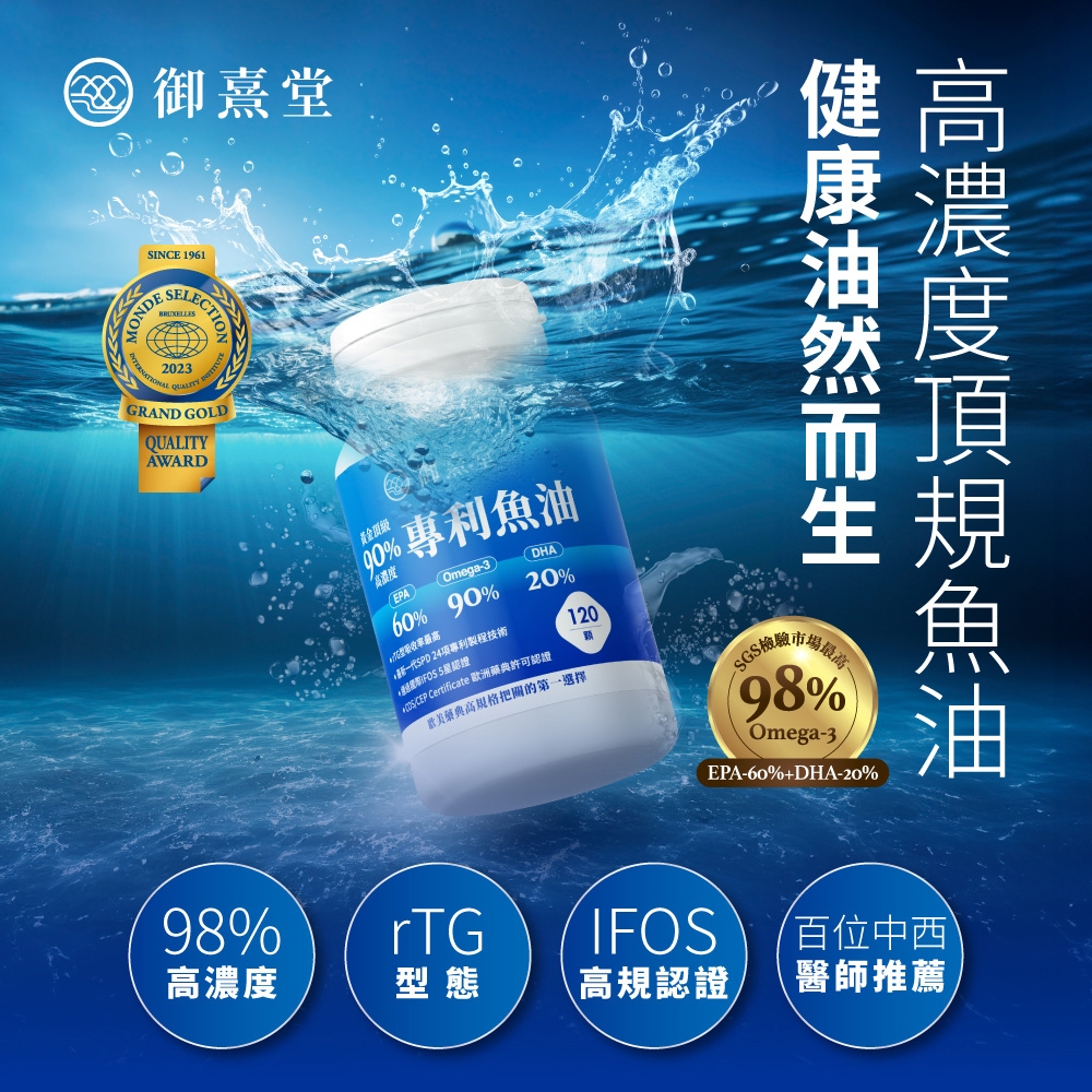 御熹堂SINCE 1961MONDESELECTIOBRUXELLES2023GRAND GOLDQUALITYAWARD高濃度頂規魚油120市場98%Omega-3EPA-60%DHA-20%黃金頂級%高濃度專利魚油EPAOmega-3DHA60% 90% 20%最高SPD 24專利製程技術+ 認證 Certificate 歐洲藥典許可認證藥典高規格把關的第一選擇98%rTGIFOS高濃度型態高規認證百位中西醫師推薦