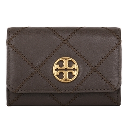 TORY BURCH Willa 金雙T 菱形紋皮革暗釦卡夾包(褐咖)