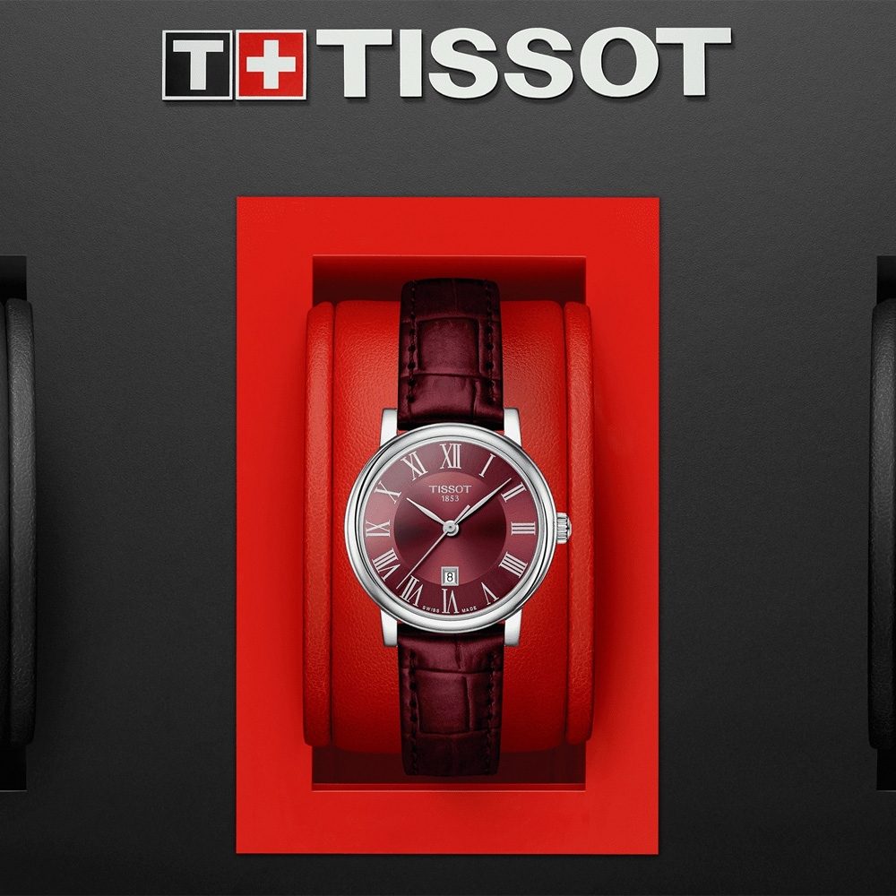 TISSOT 天梭 官方授權 Carson 羅馬石英女錶-銀x紅/30mm T1222101637300