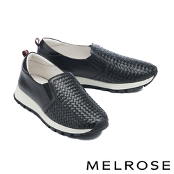 休閒鞋 MELROSE 美樂斯 日常百搭編織造型全真皮厚底休閒鞋－黑