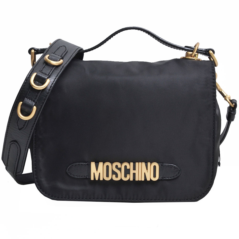 MOSCHINO 經典金色字母LOGO尼龍牛皮背帶飾邊手提/斜背兩用包(黑)