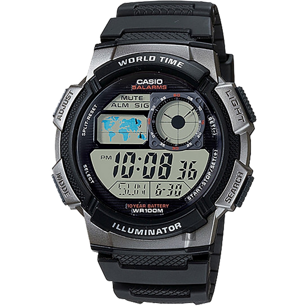 CASIO 卡西歐 10年電力世界時間手錶-黑(AE-1000W-1B)