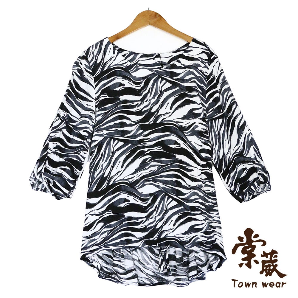 【TOWNWEAR棠葳】水墨抽象風涼感長版上衣(中大尺碼/女上衣/五分袖/圓領) (黑色系)