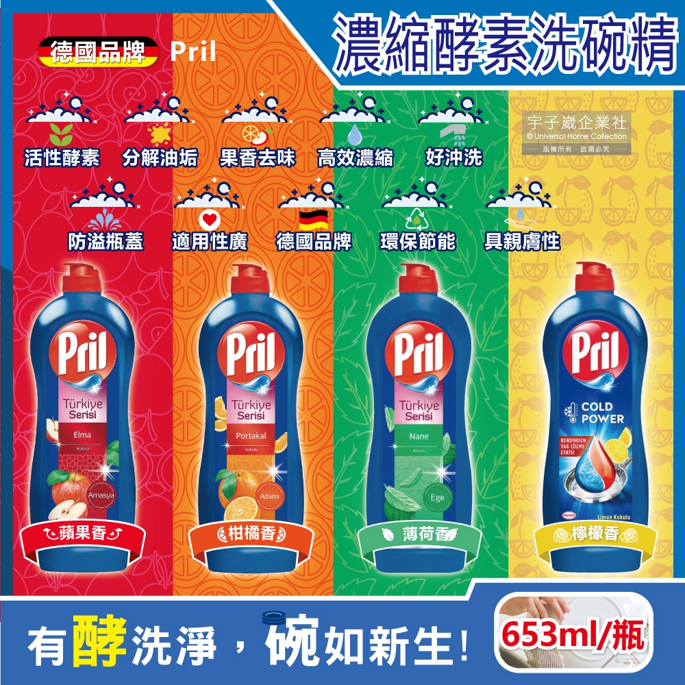 德國Henkel Pril-高效能活性酵素分解重油環保親膚濃縮洗碗精653ml/藍瓶(廚房餐具,碗盤,料理鍋具清潔劑)