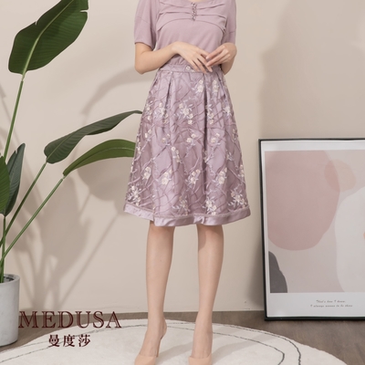 現貨【MEDUSA 曼度莎】藕粉刺繡網紗箱褶A字裙（M-XL）｜女裝 短裙｜優雅穿搭