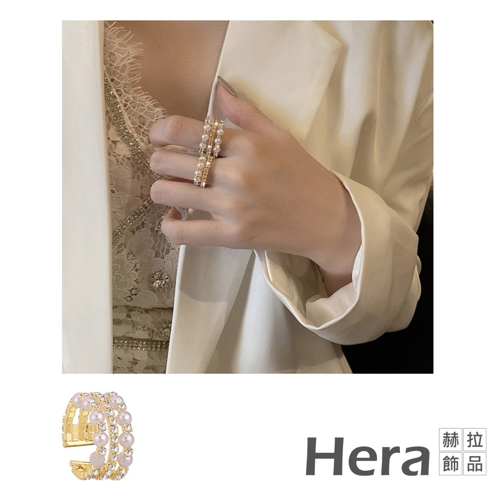 Hera 赫拉 韓版奢華開口可調珍珠水鑽食指戒指-2款