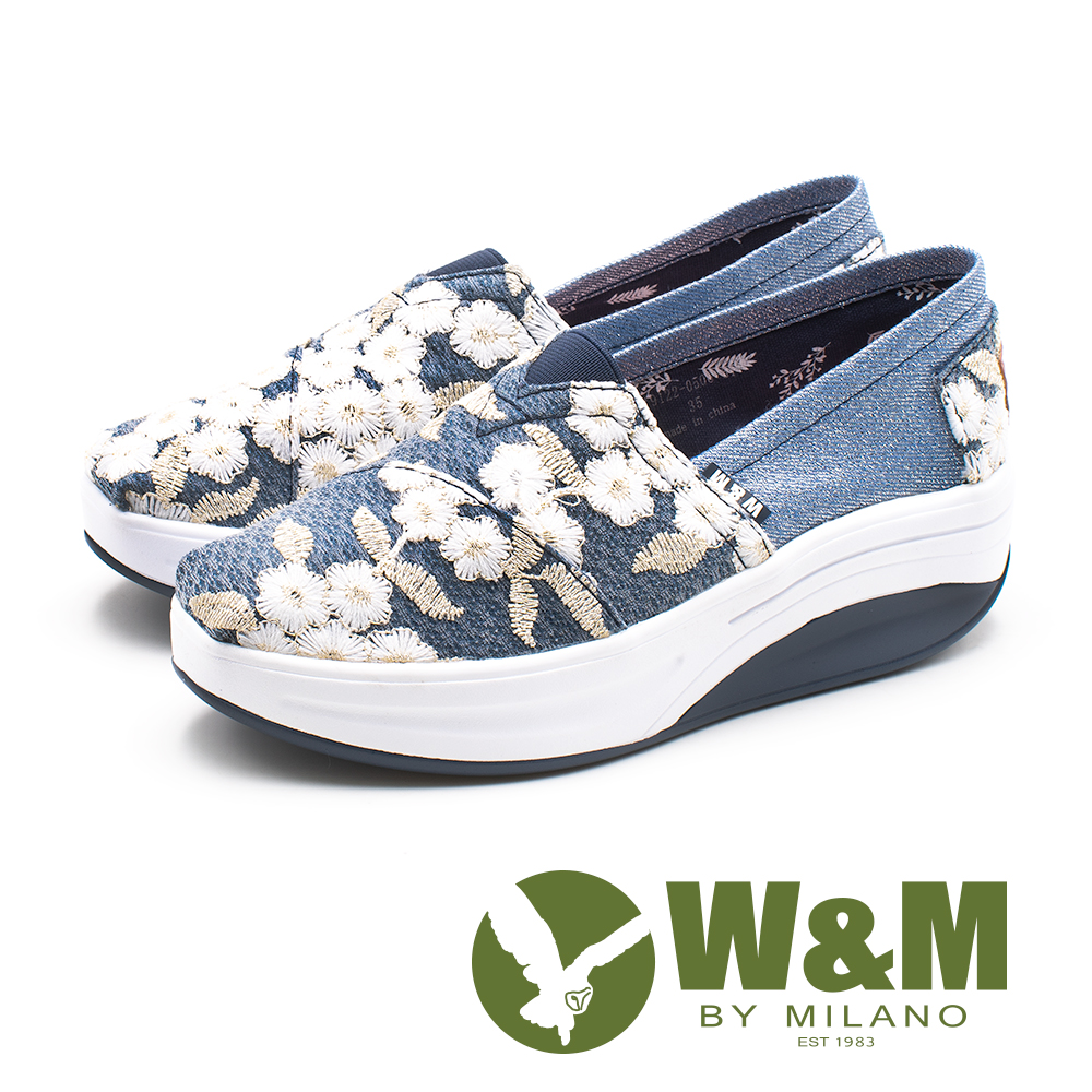 W&M(女) BOUNCE系列 宮廷風刺繡 透氣增高厚底鞋-藍