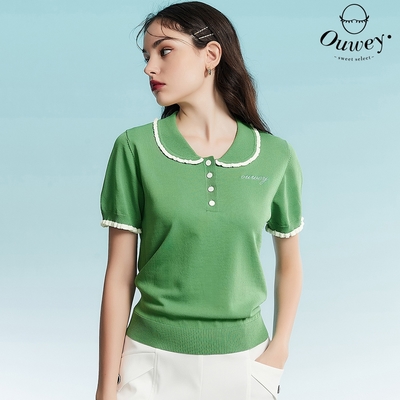 OUWEY歐薇 俏甜品牌字母刺繡造型針織上衣(綠色；S-L)3232065003