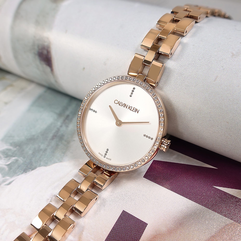CK 優雅時尚 閃耀晶鑽 瑞士製造 不鏽鋼手錶-銀白x鍍玫瑰金/32mm